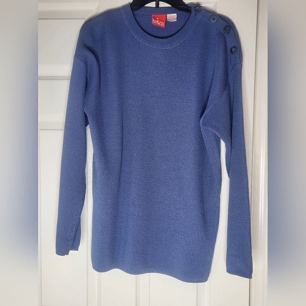 Vntg Liz& Co L Steel Blue Dropped Lngslvs Buttons Side WOOL Blend Women Sweater